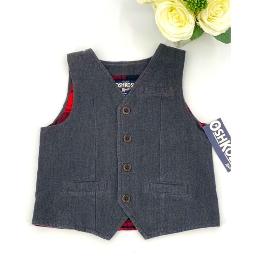 OshKosh BGosh Boys Vest Size 12M Gray Velveteen Herringbone Buffalo Plaid Lined
